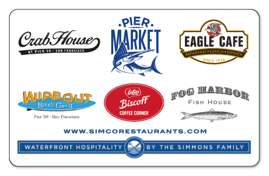 Fog harbor logo, pier market logo, wipeout logo, 'your local Pier 39 restaurants' over white background